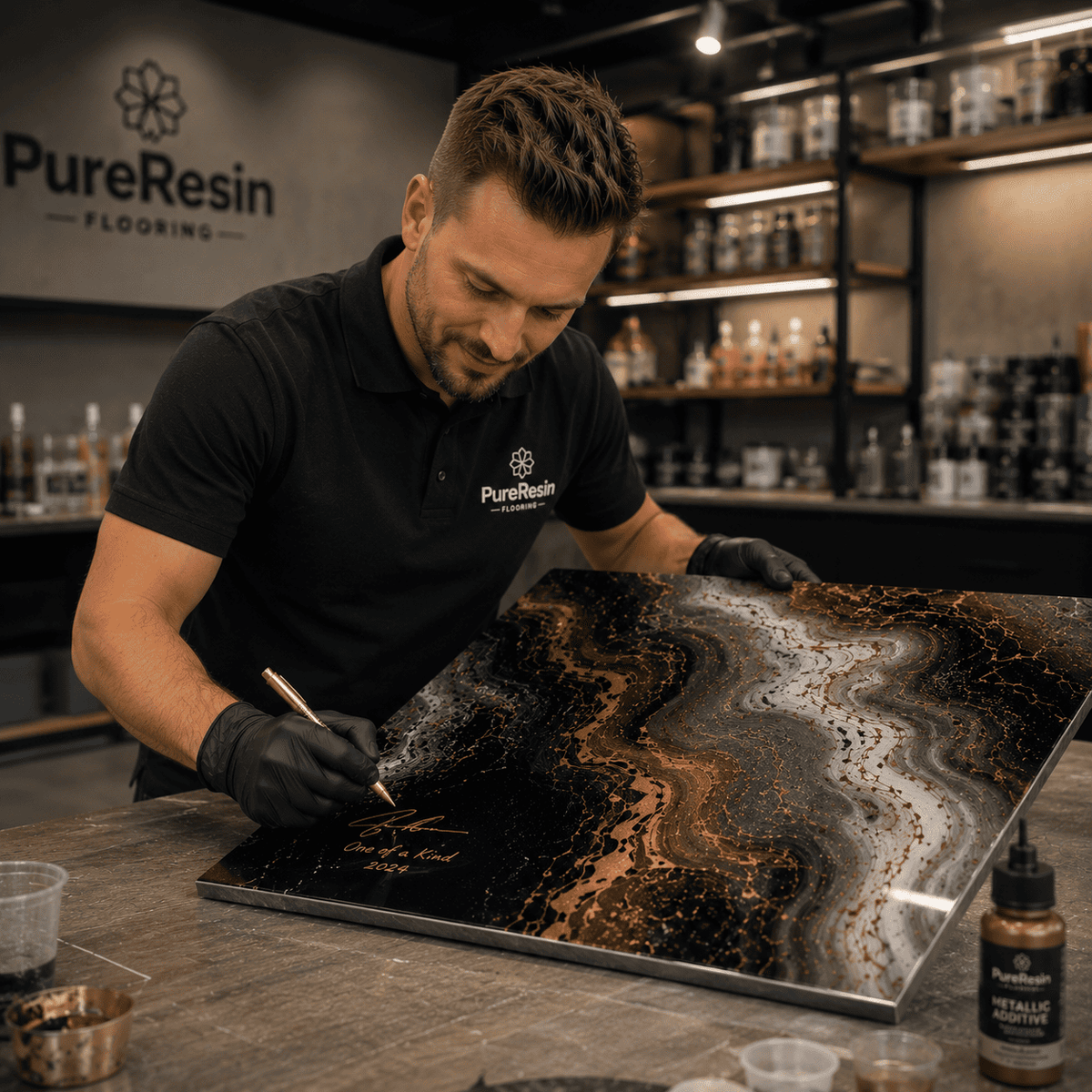 Ein Mitarbeiter signiert eine Musterplatte