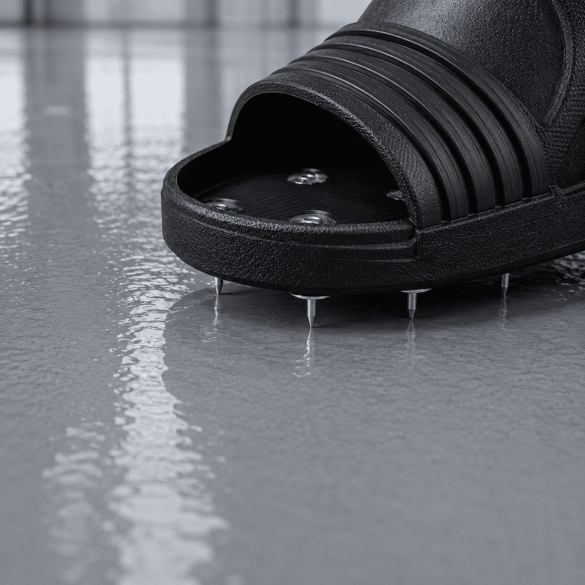 Nagelschuh mit Metallspikes für sicheres Arbeiten auf frischem Epoxidharz-Boden