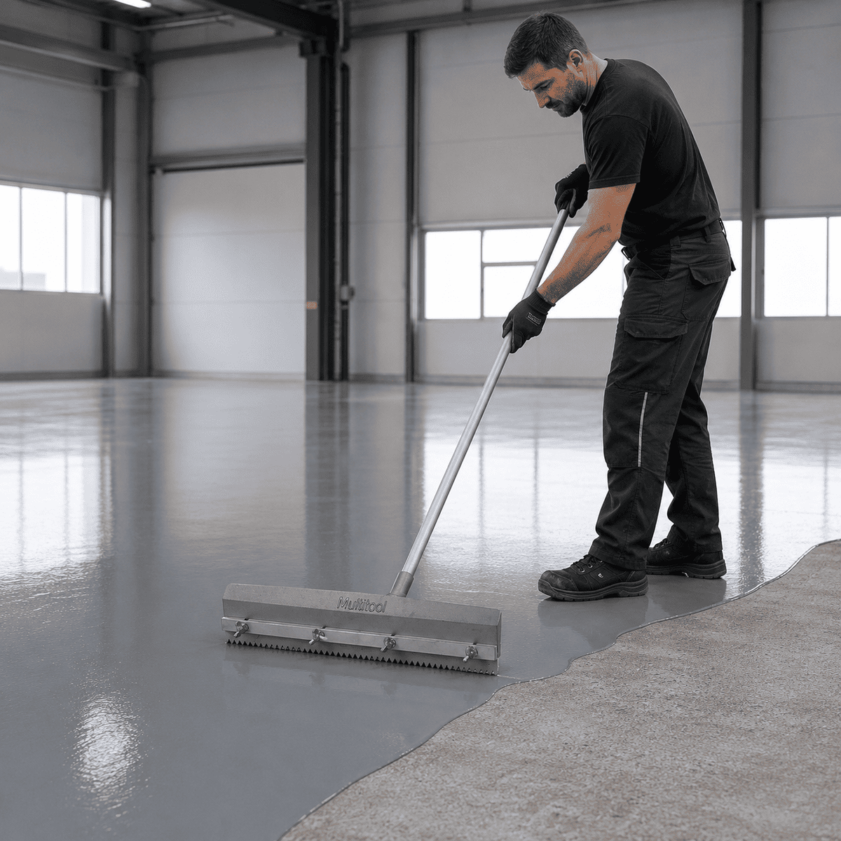 Metallrakel verteilt Epoxidharz-Beschichtung gleichmäßig auf Industriebeton