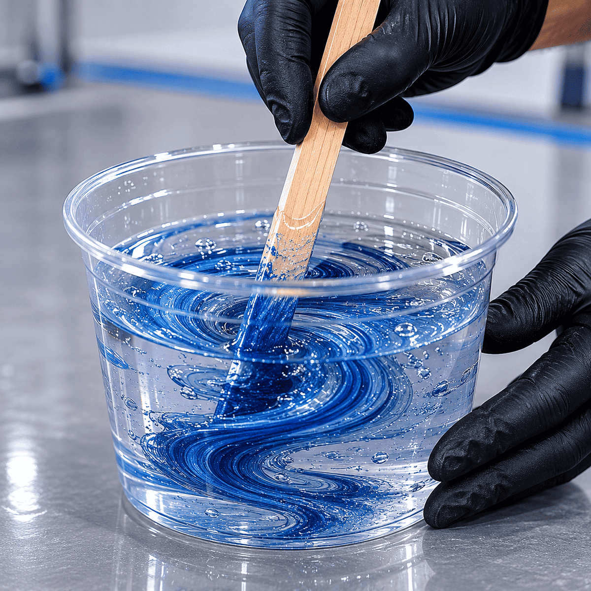 Rührstab mischt blau pigmentiertes Epoxidharz in transparentem Mischbecher für eine gleichmäßige Farbverteilung.