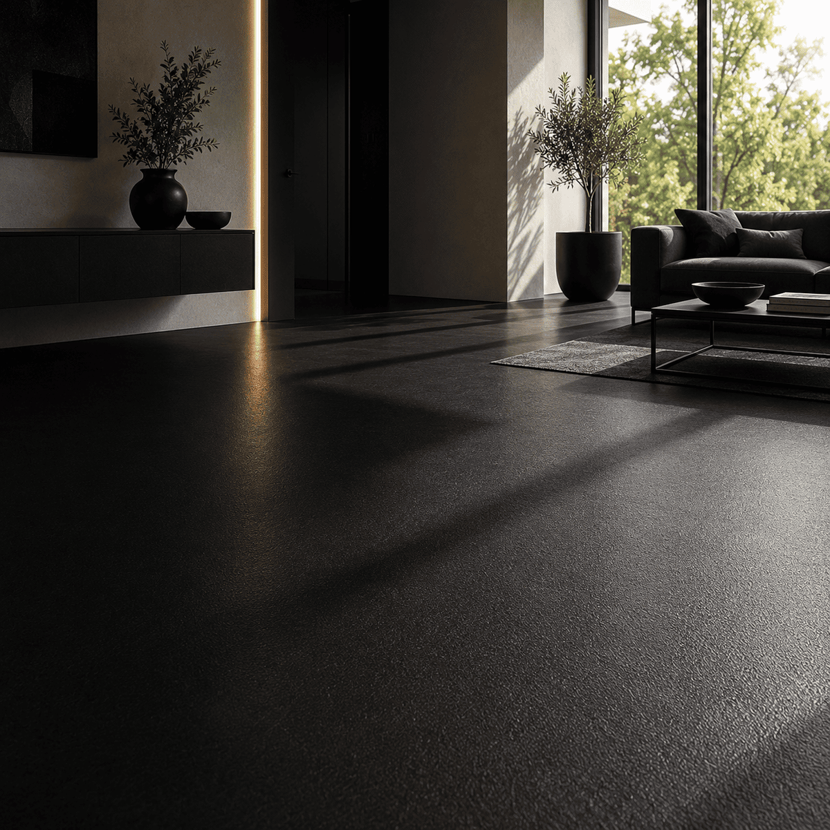 Serin Pure Black Designboden in modernem Wohnraum mit schwarzer, fugenloser Oberfläche und eleganter, matter Optik.
