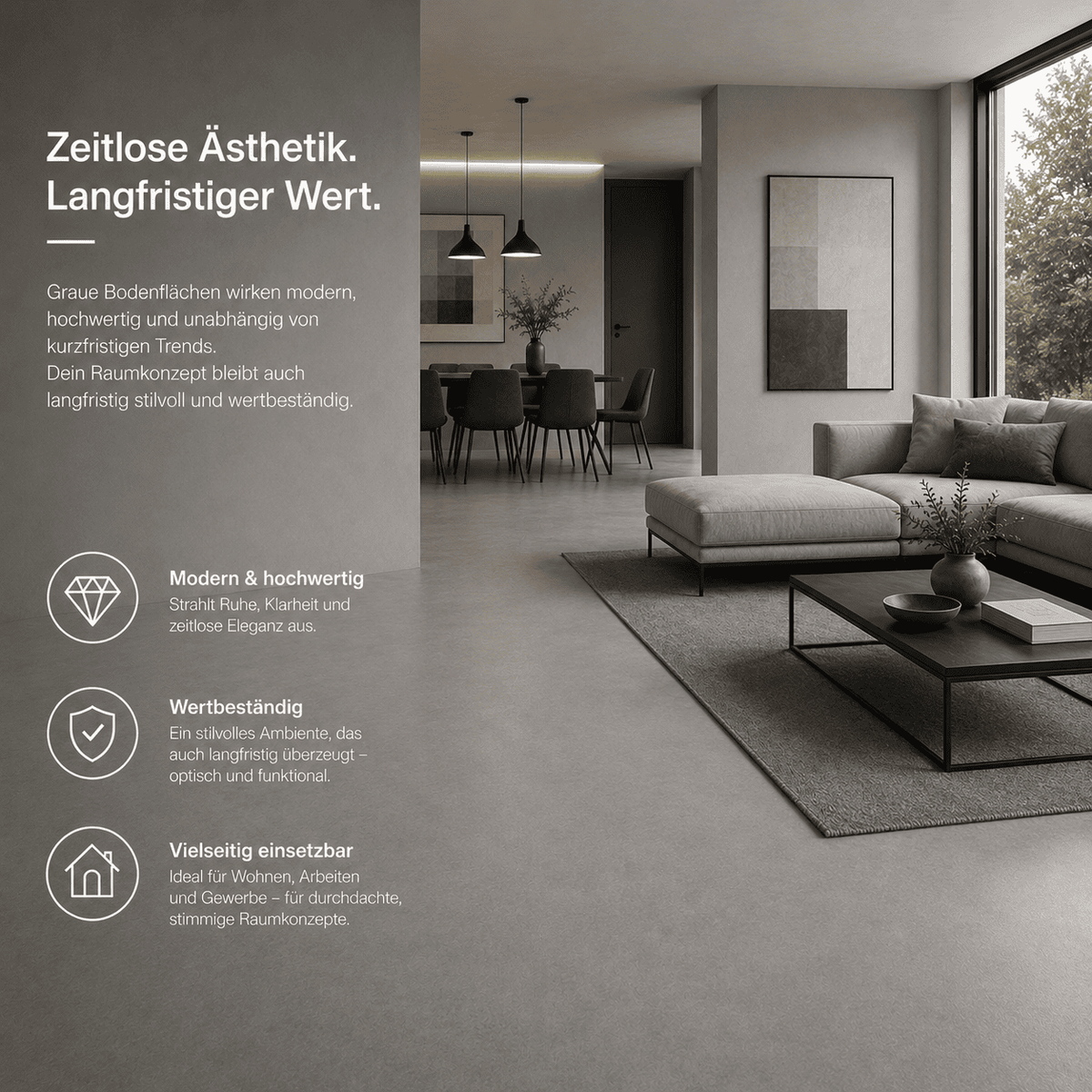 Moderner Wohn- und Essbereich mit grauem Serin Pure Grey Designboden. Die Infografik hebt die Vorteile des fugenlosen Bodens hervor: zeitlose Optik, Wertbeständigkeit und vielseitige Einsatzmöglichkeiten.