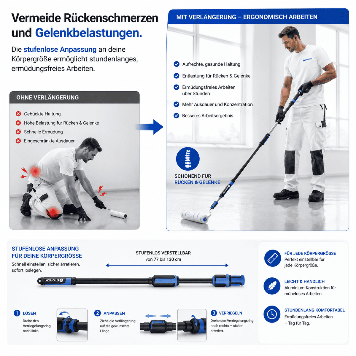 Verstellbare Teleskopstange für rückenschonendes Arbeiten mit Epoxidharz-Walzen