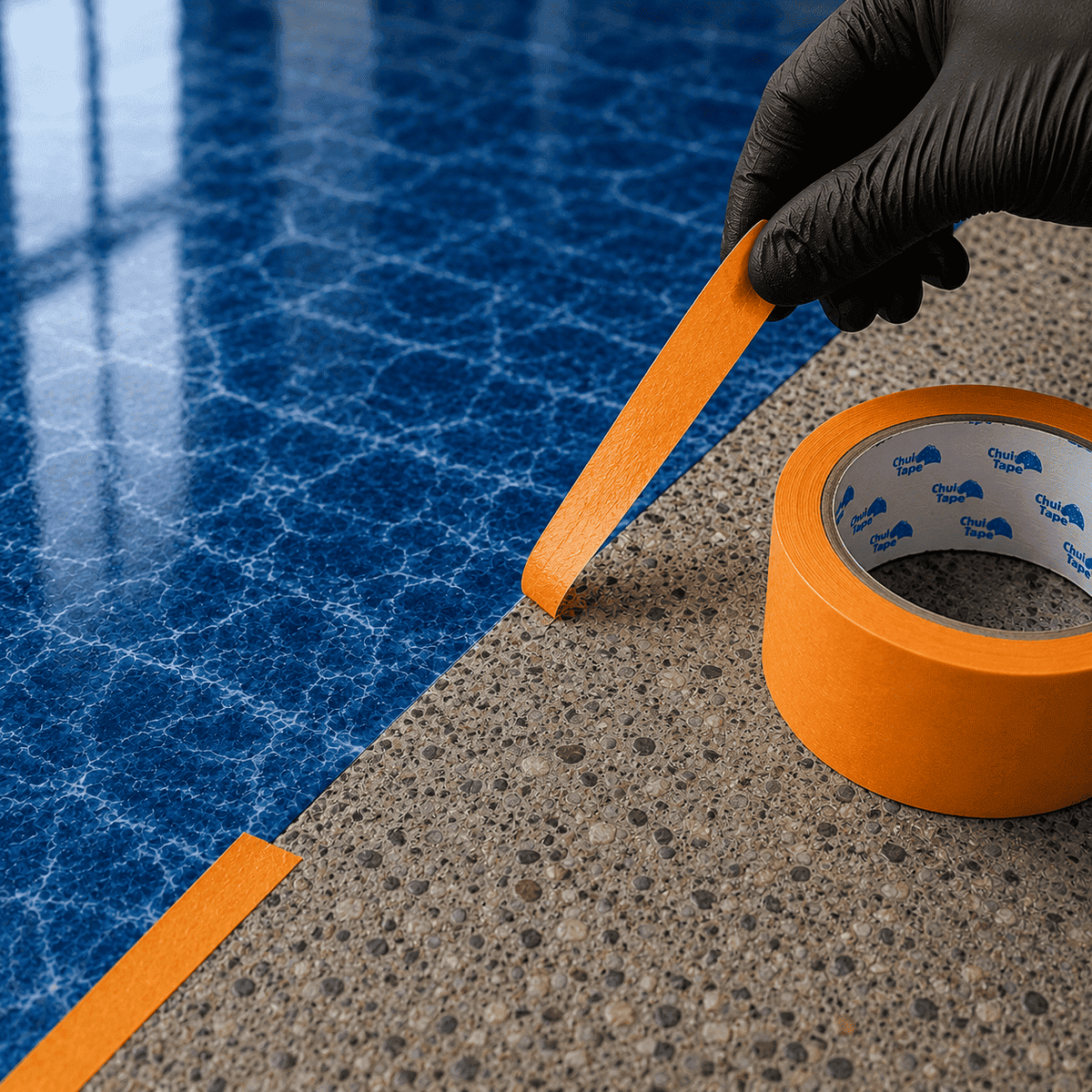 Oranges Washi-Abdeckband wird entlang einer Epoxidharzfläche entfernt und sorgt für eine präzise, saubere Beschichtungskante.