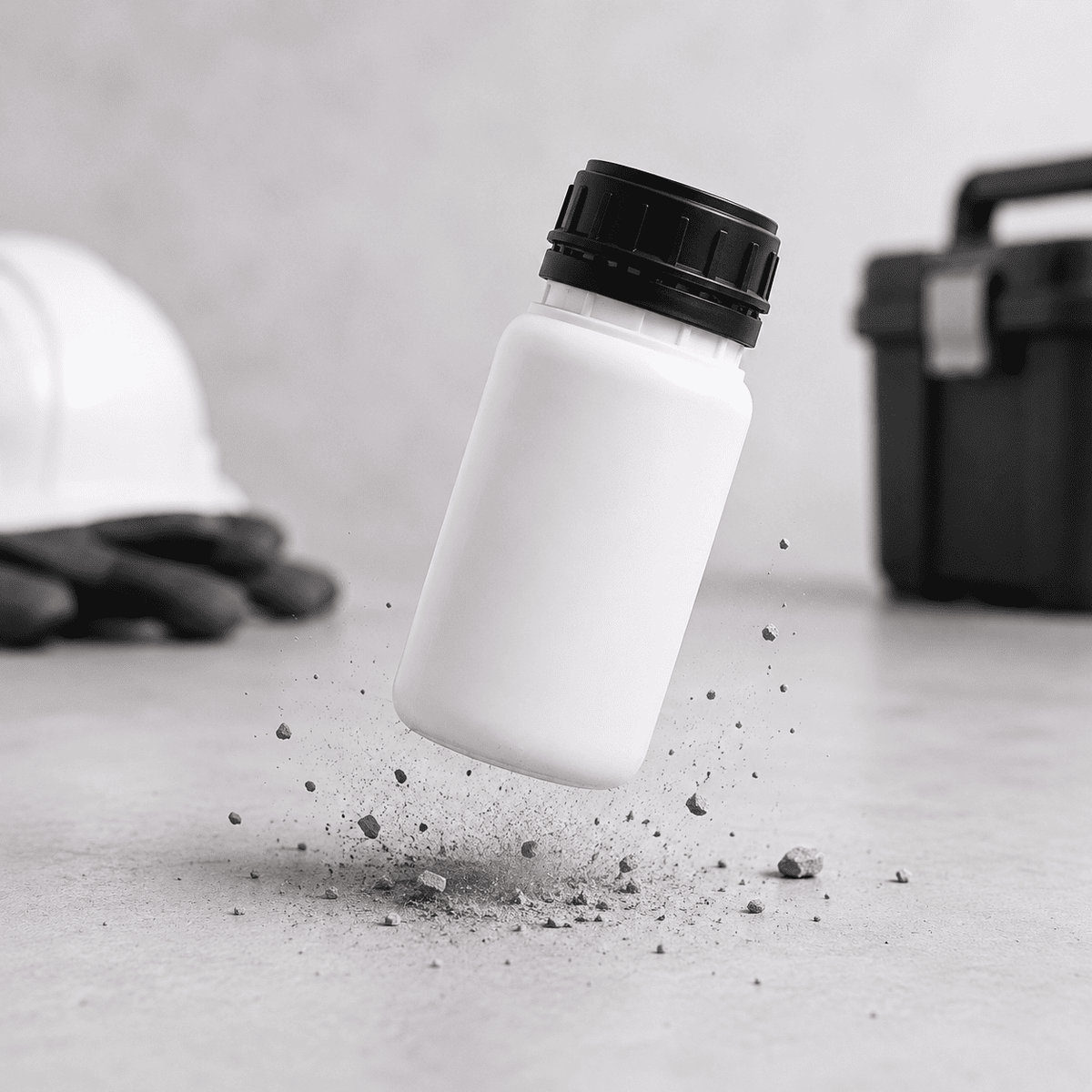 Robuste Kunststoffflasche mit schwarzem Schraubverschluss im Fallschutztest