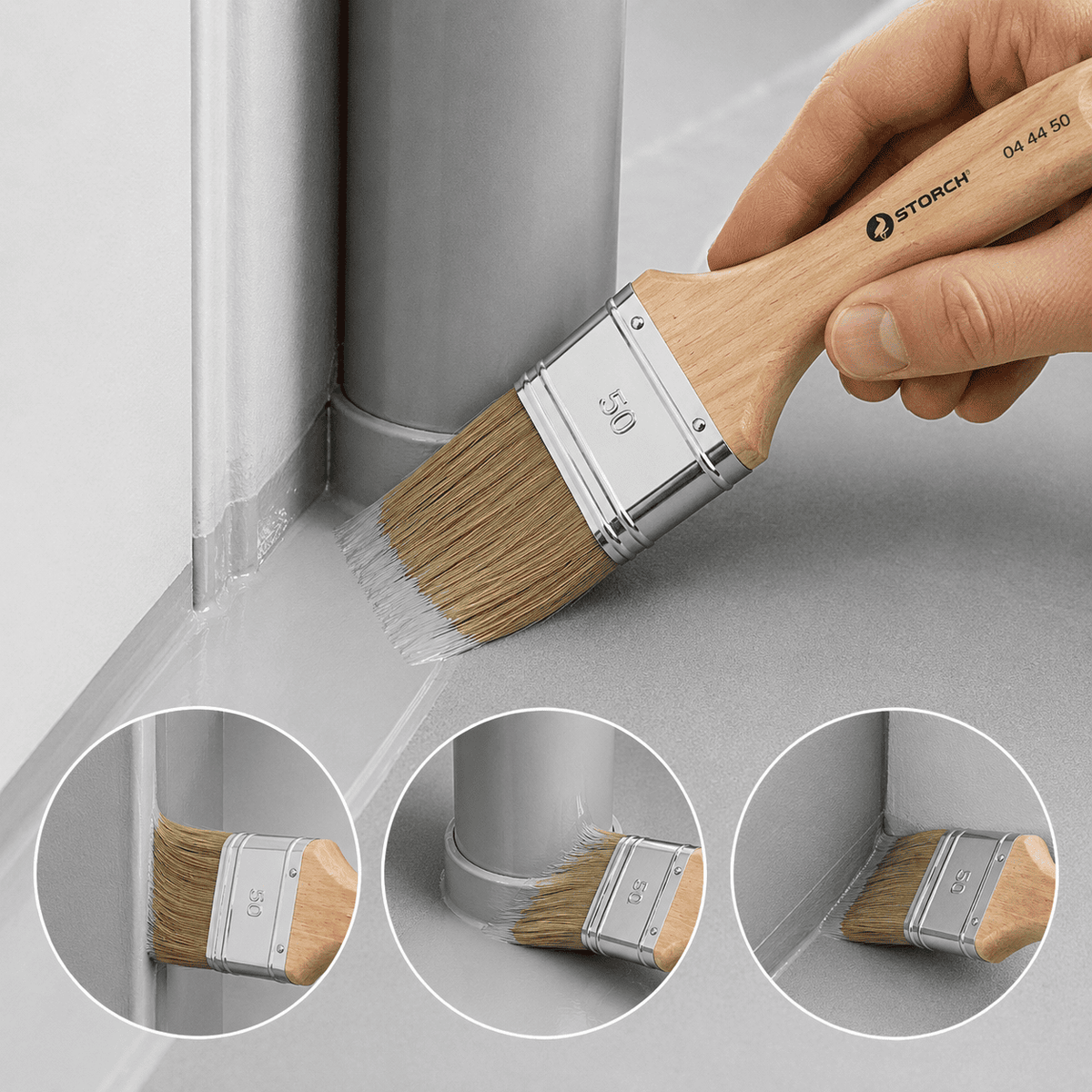 50-mm-Flachpinsel ermöglicht präzises Beschichten von Wandanschlüssen, Rohren und Innenecken mit sauberen Kanten und gleichmäßigem Materialauftrag.