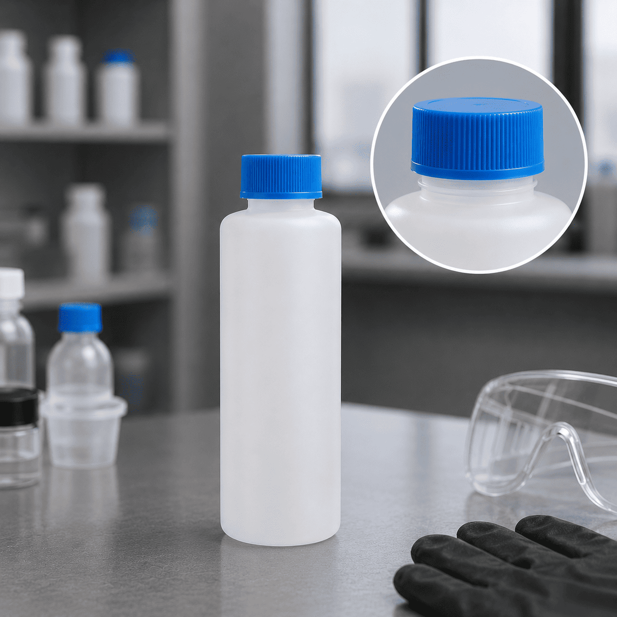 Weiße Probenflasche mit blauem Schraubverschluss im Laborumfeld