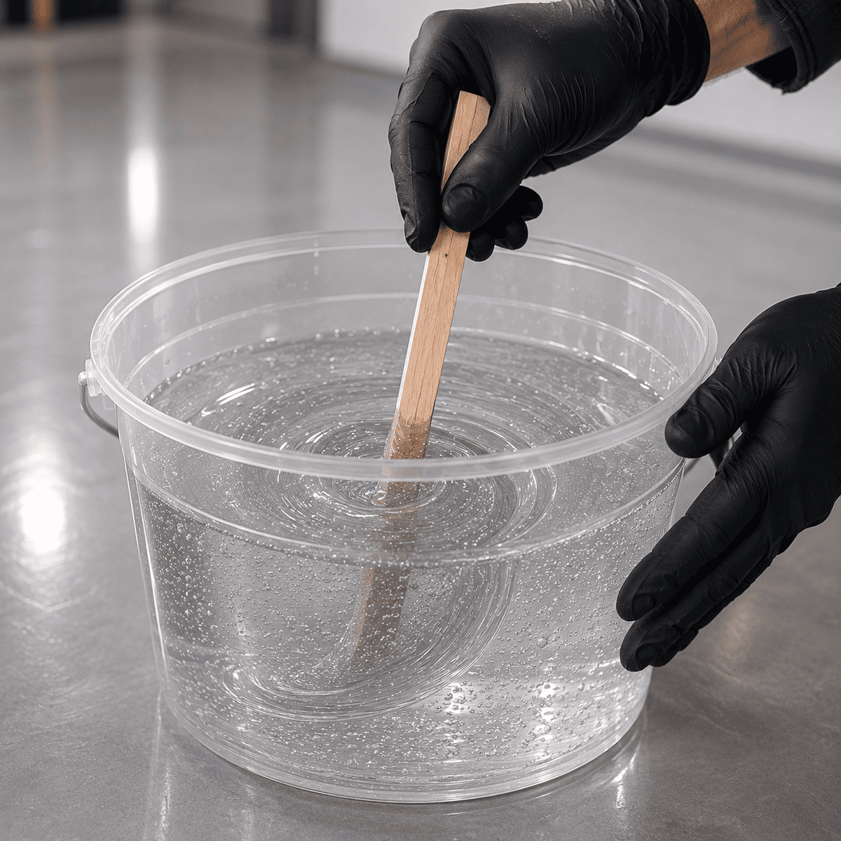 Holzrührstab mischt transparentes Epoxidharz in einem großen Mischbecher für eine homogene und blasenarme Verarbeitung.