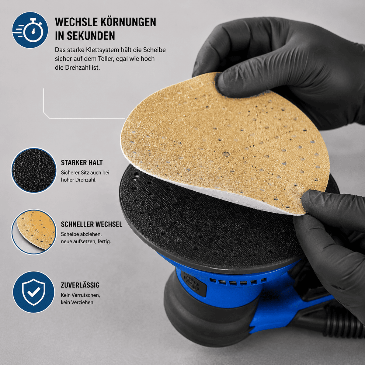 150-mm-Schleifpapier mit starkem Klettsystem für Exzenterschleifer – ermöglicht einen schnellen Schleifpapierwechsel, sicheren Halt auch bei hohen Drehzahlen und zuverlässiges Arbeiten ohne Verrutschen oder Verziehen.