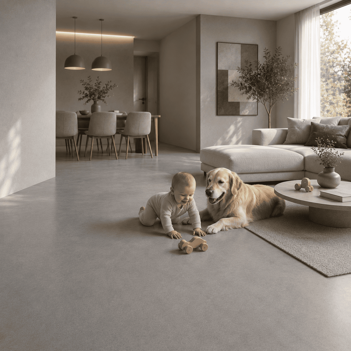 Moderner Wohnbereich mit Serin Pure Grey Designboden, auf dem ein Kleinkind und ein Hund spielen. Der fugenlose Bodenbelag ist pflegeleicht, langlebig und ideal für Familien.