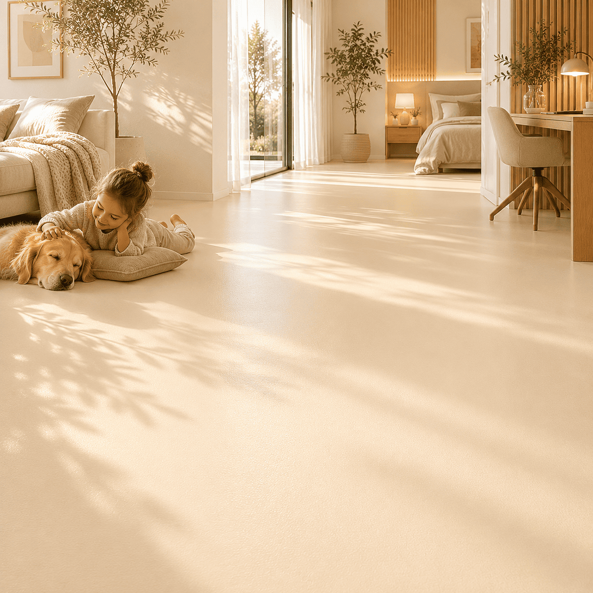 Eine warme moderne Wohnung mit creme farbigen Boden. Ein Kind spielt mit ihrem Hund im Wohnzimmer.