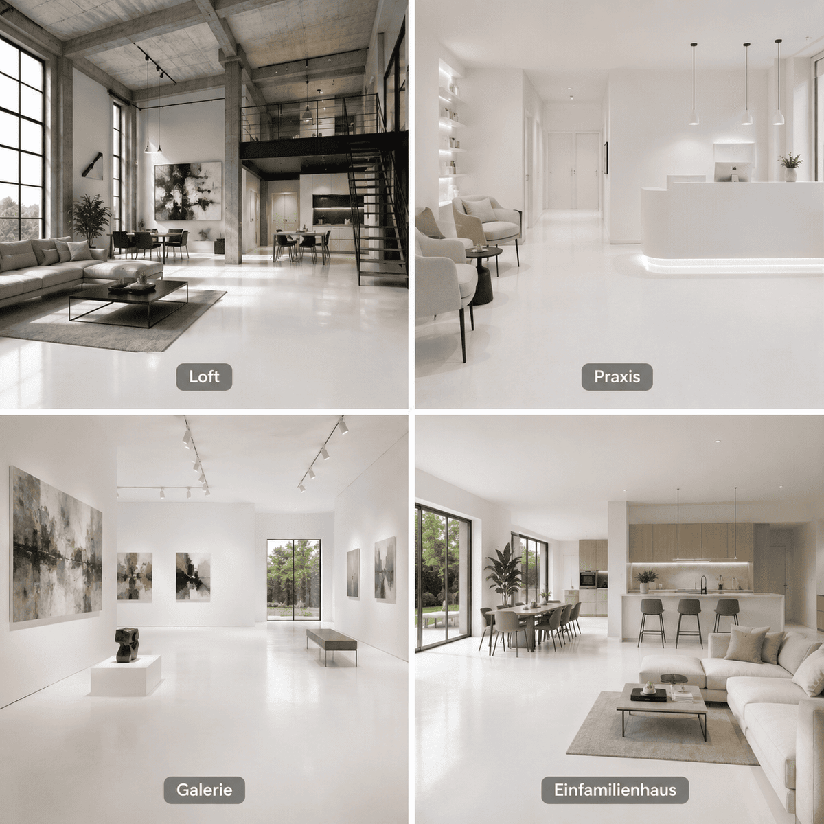Serin Pure White Designboden in Loft, Praxis, Galerie und Einfamilienhaus – fugenloser Bodenbelag für vielseitige Einsatzbereiche.