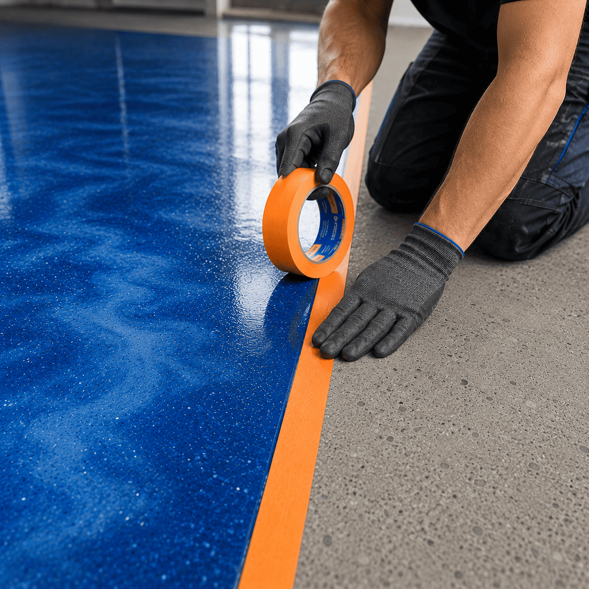 Oranges Abklebeband schützt die Kante eines blauen Metallic-Epoxidharz-Bodens