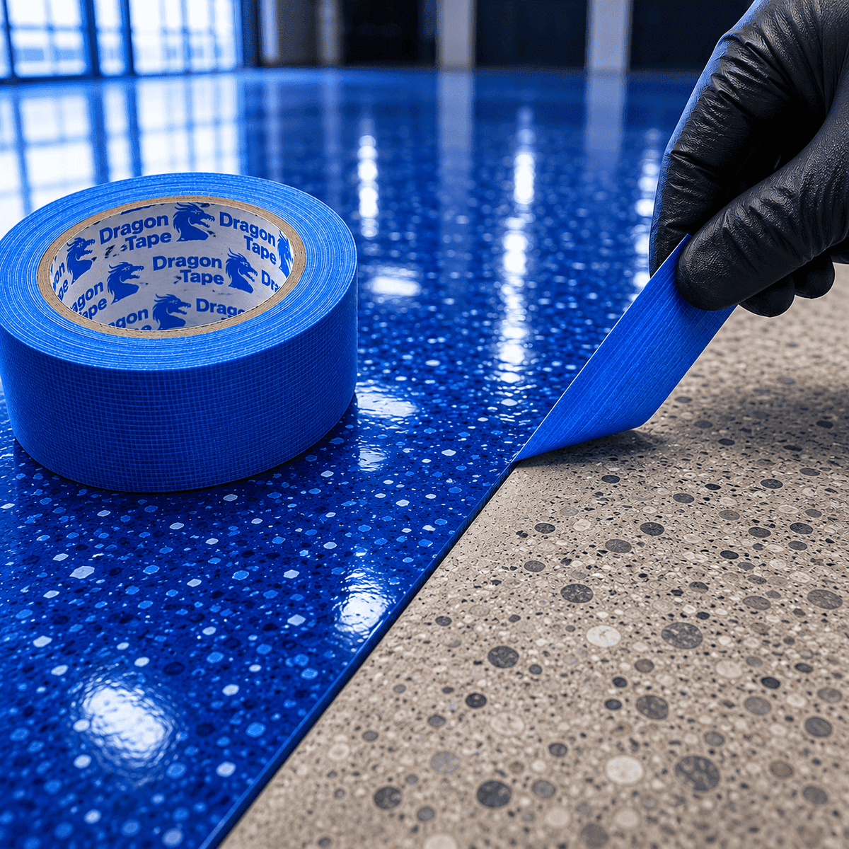 Dragon Tape Abdeckband wird von einer Epoxidharzfläche abgezogen und hinterlässt eine saubere, scharfe Beschichtungskante.