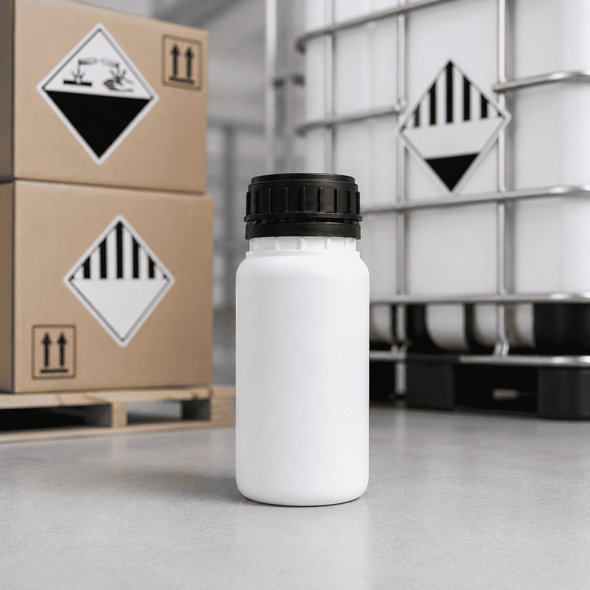 Weiße Kunststoffflasche mit schwarzem Schraubverschluss für Gefahrgutlagerung