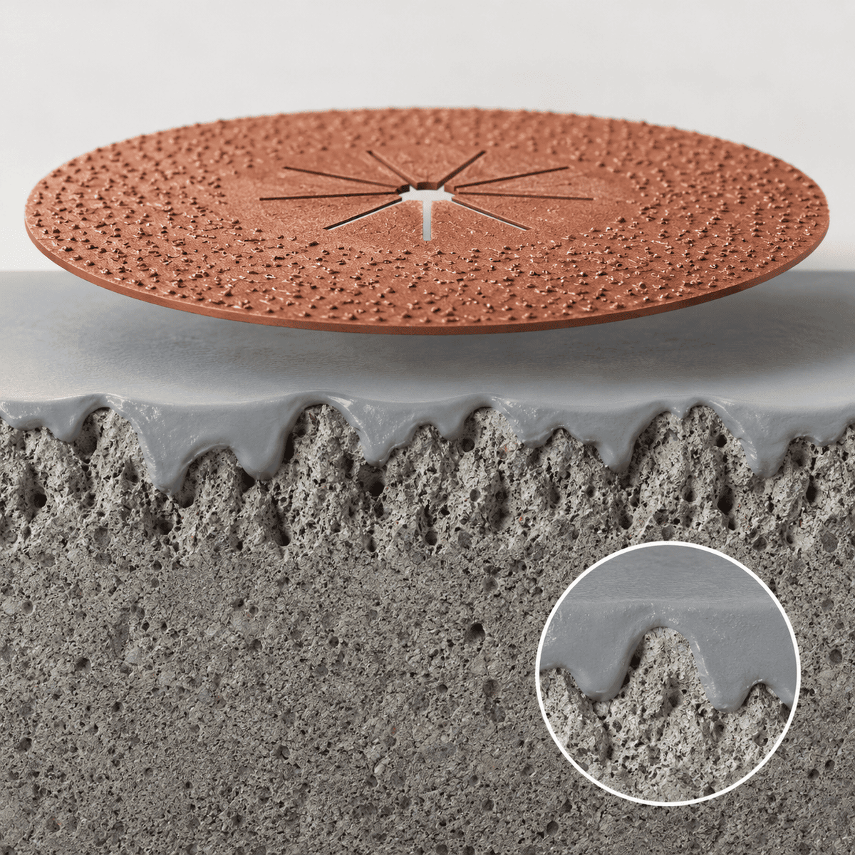 Hartmetall-Schleifteller über rauem Betonuntergrund – Darstellung der tiefen Materialabtragung für optimale Haftung von Beschichtungen.