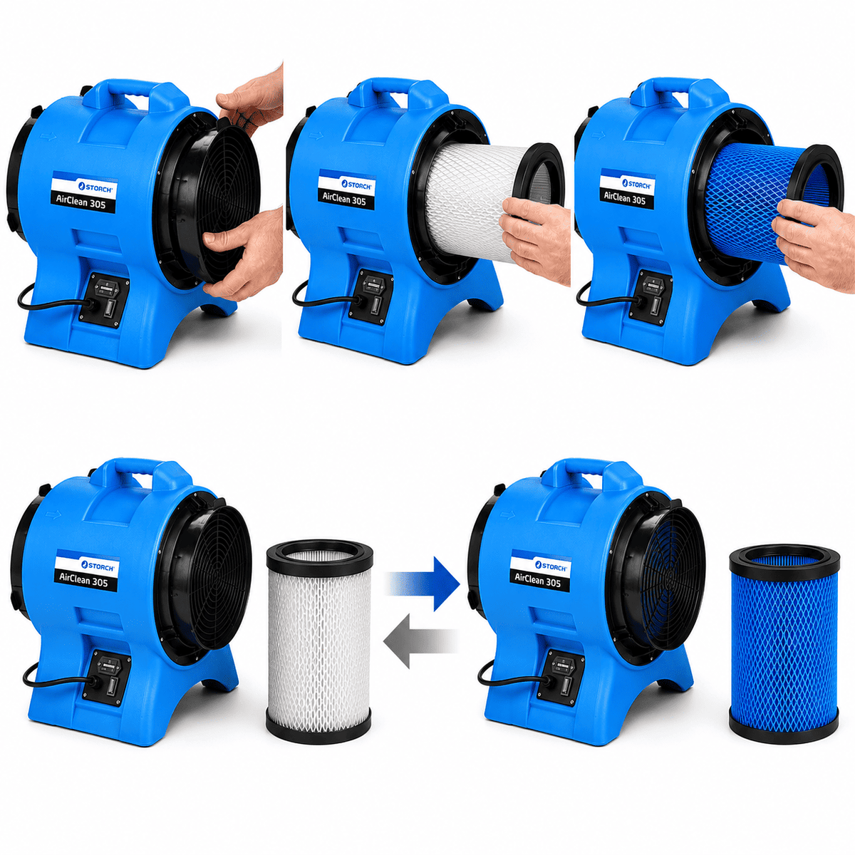 Schritt-für-Schritt-Darstellung des Filterwechsels am AirClean 305 Luftreiniger mit HEPA- und Aktivkohlefilter.