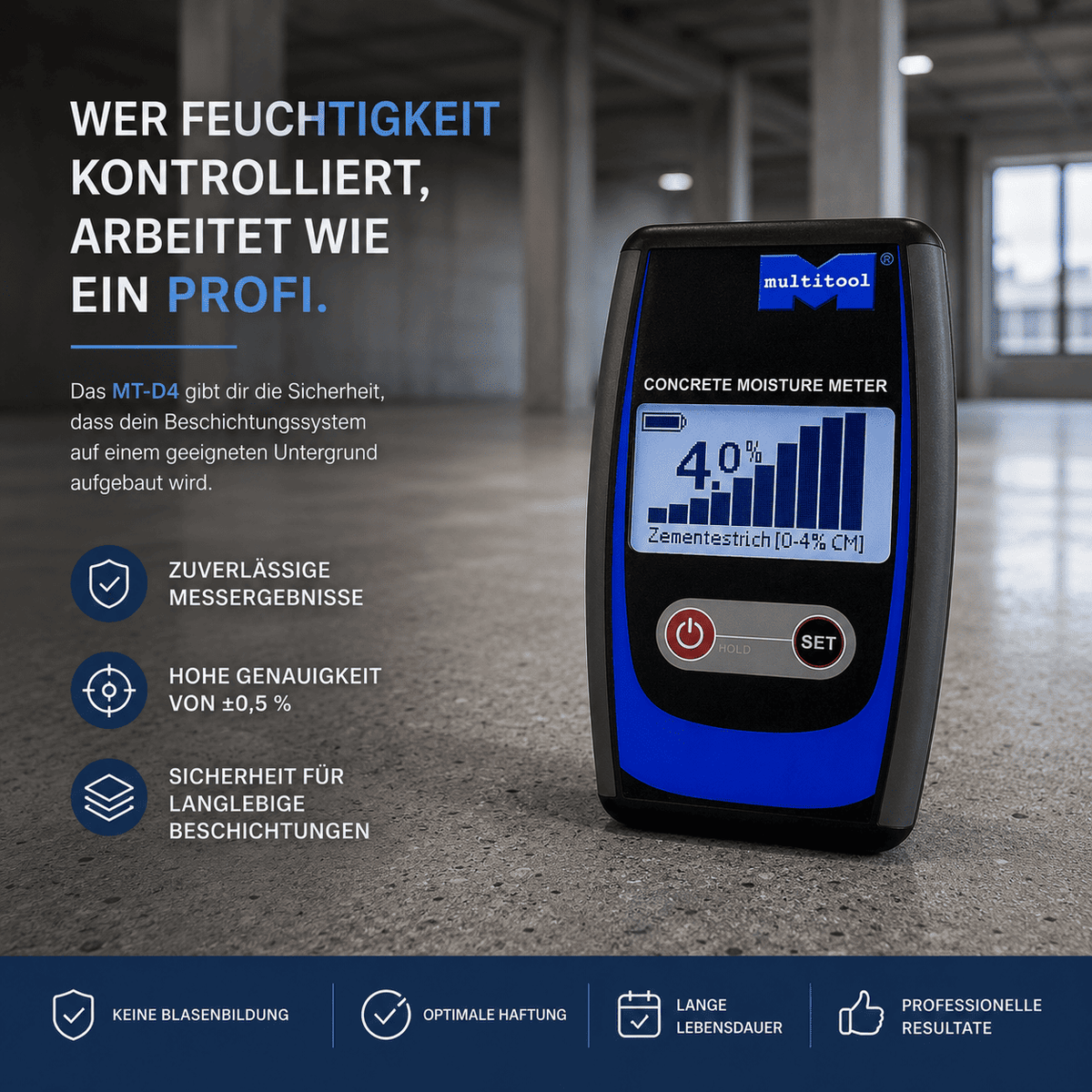 Digitales Feuchtigkeitsmessgerät für Zementestrich auf Betonboden – präzise Restfeuchtemessung für die sichere Vorbereitung von Bodenbeschichtungen.