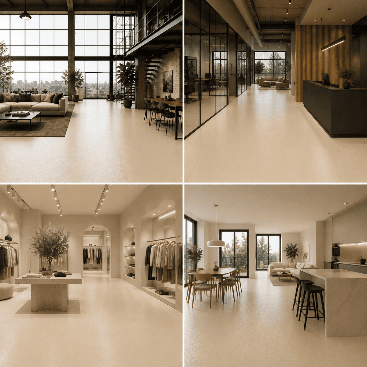 Vier unterschiedliche Räume auf einem Bild. Oben Links sieht man ein New York Loft mit creme farbigen Boden. Rechts oben sieht man ein modernes Büro mit creme farbigen Boden. Linnks unten sieht man ein Kleidungsgeschäft mit Sandfarben und einen creme farbigen Boden. Rechts unten sieht man eine moderne Küche mit creme farbigen Boden.