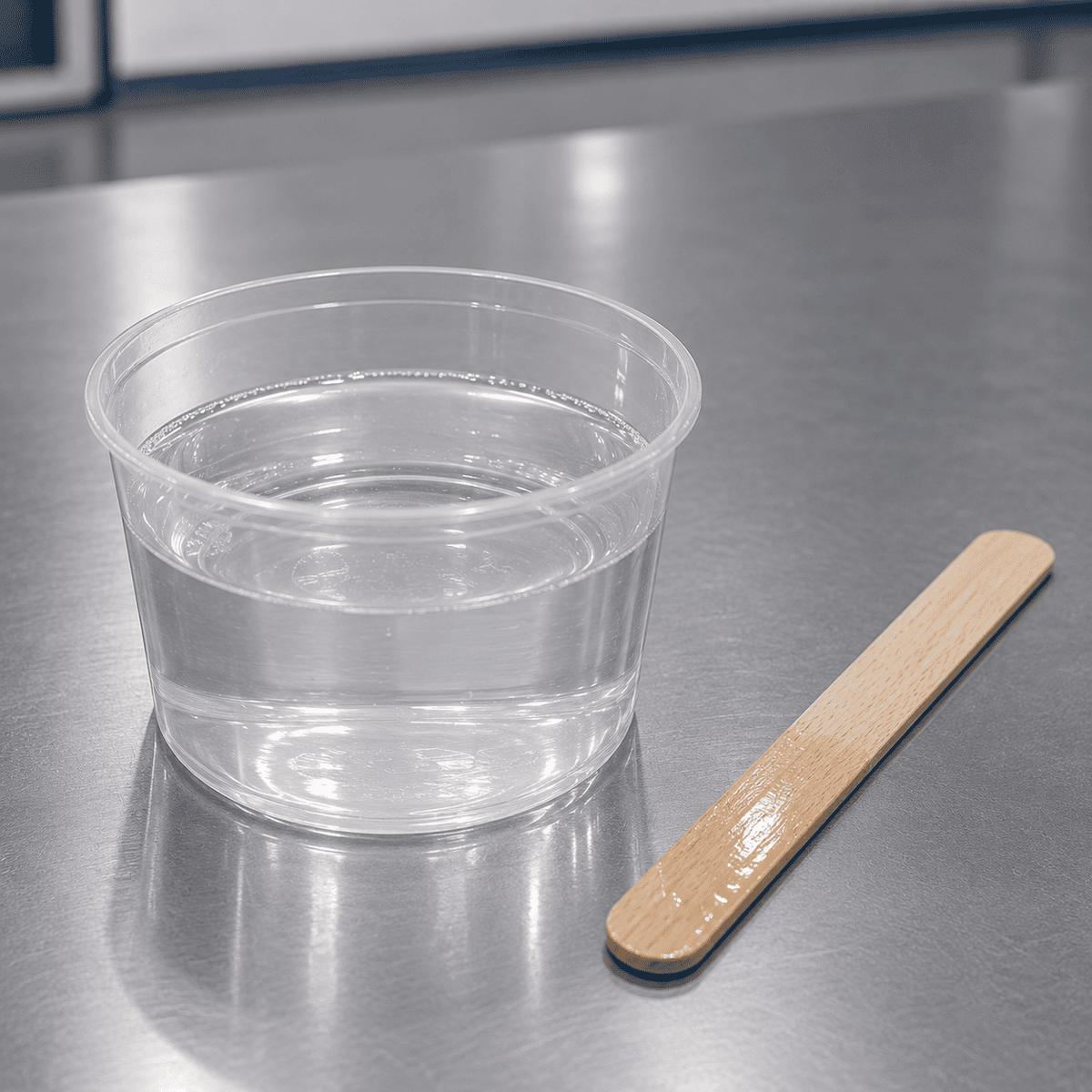Transparenter Mischbecher mit Epoxidharz und Holzrührstab für das Anmischen von Bodenbeschichtungen.
