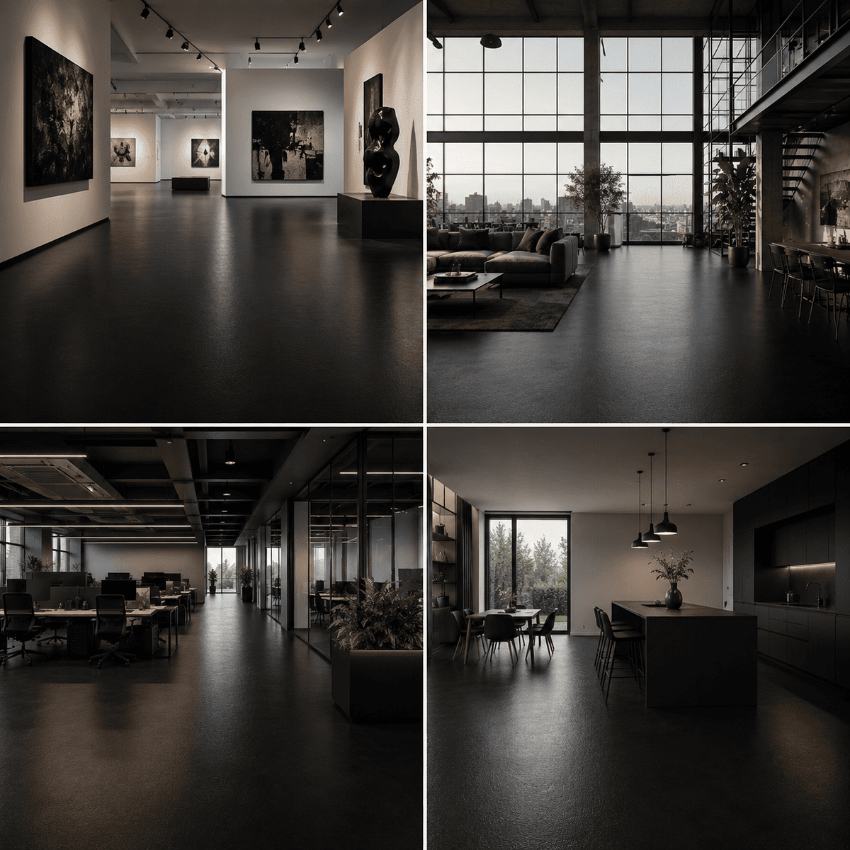 Serin Pure Black Designboden in Wohnraum, Büro, Loft und Galerie – fugenloser Bodenbelag für moderne Wohn- und Objektbereiche.