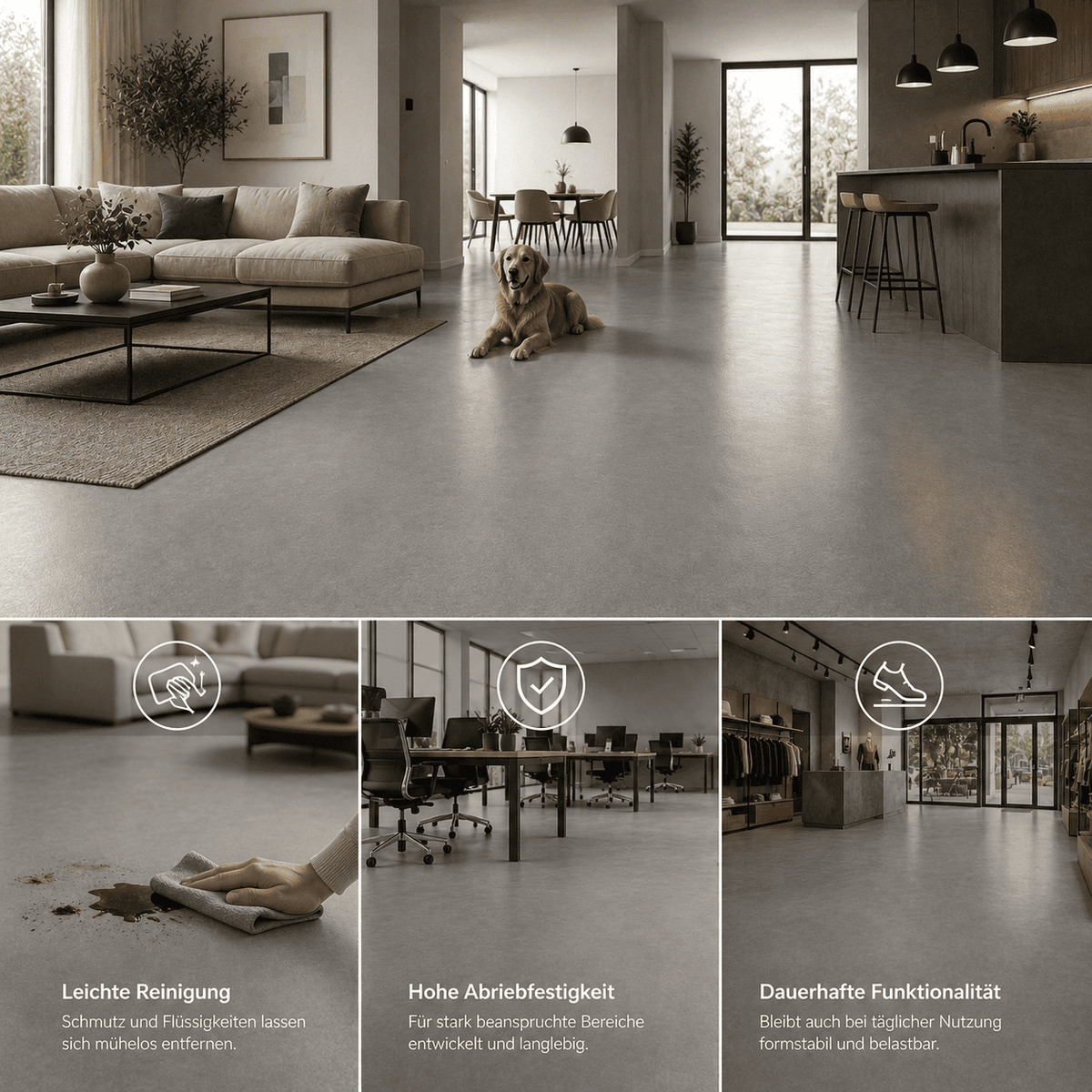 Moderner Wohnraum mit Serin Pure Grey Bodenbeschichtung. Die Grafik zeigt die Vorteile des fugenlosen Designbodens: leichte Reinigung, hohe Abriebfestigkeit und dauerhafte Funktionalität für Wohn- und Gewerbebereiche.