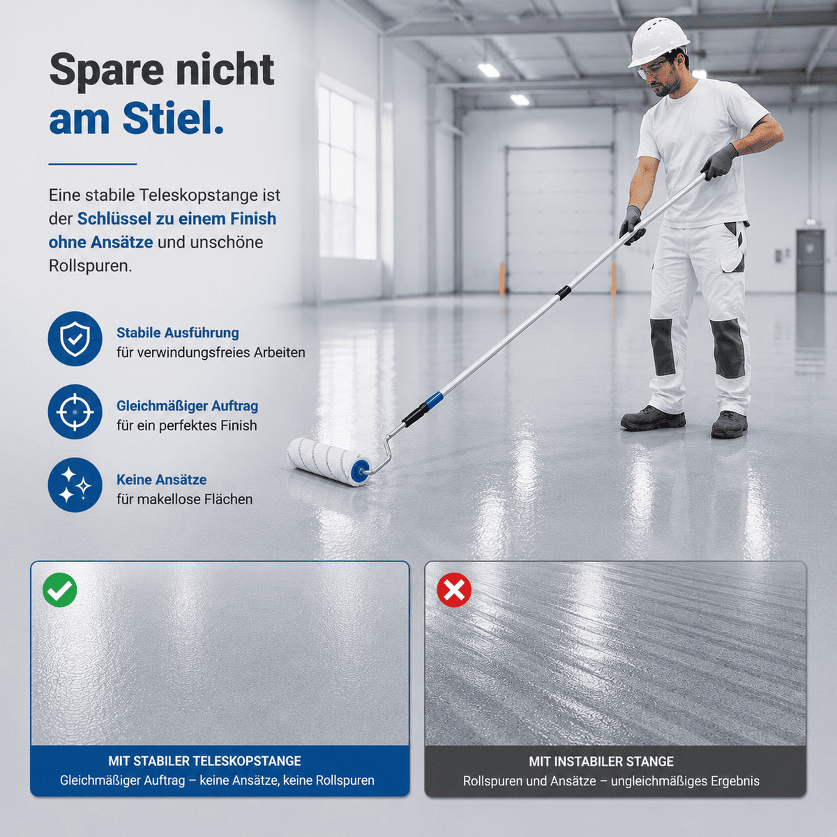 Stabile Teleskopstange für gleichmäßiges Auftragen von Epoxidharz-Beschichtungen