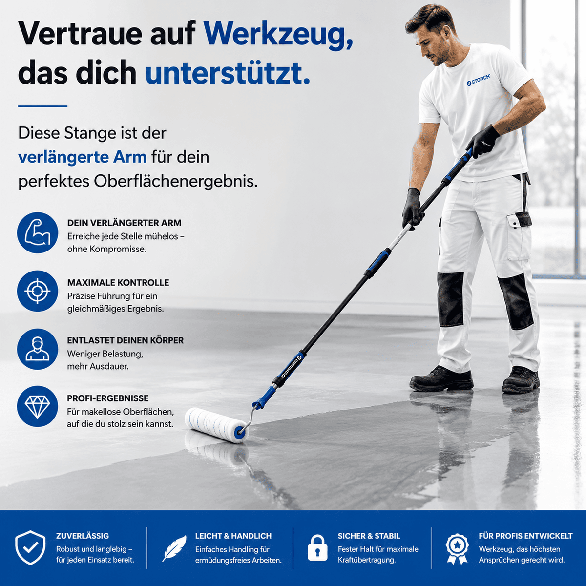 Teleskopstange als verlängerter Arm für präzises Auftragen von Epoxidharz-Beschichtungen