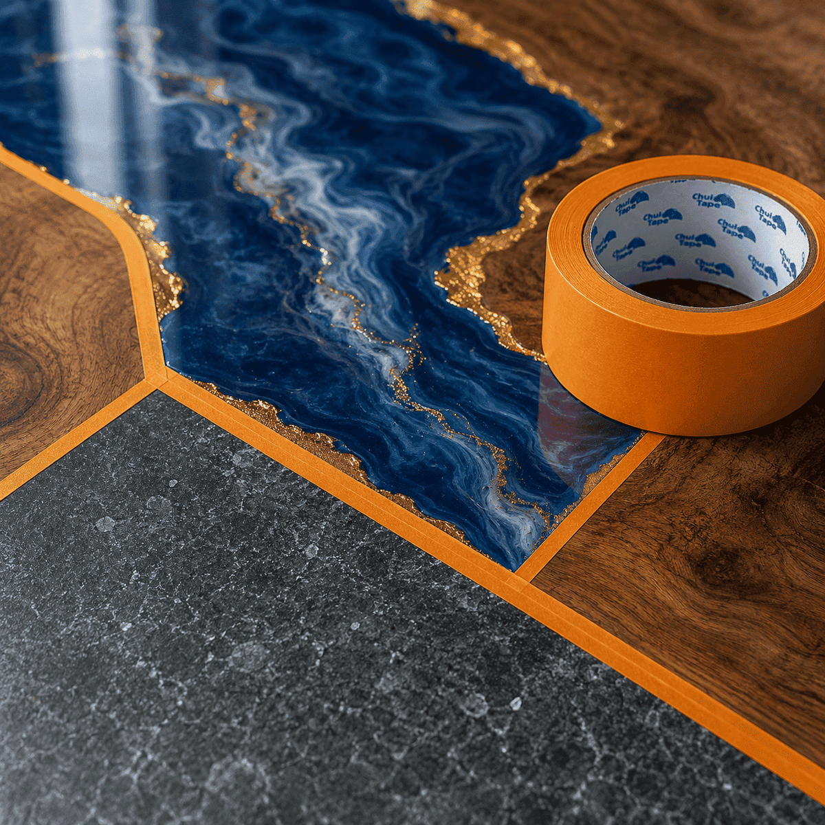 Oranges Washi-Abdeckband für präzise Farbkanten zwischen Epoxidharz-, Holz- und Steinoptik bei fugenlosen Designböden.