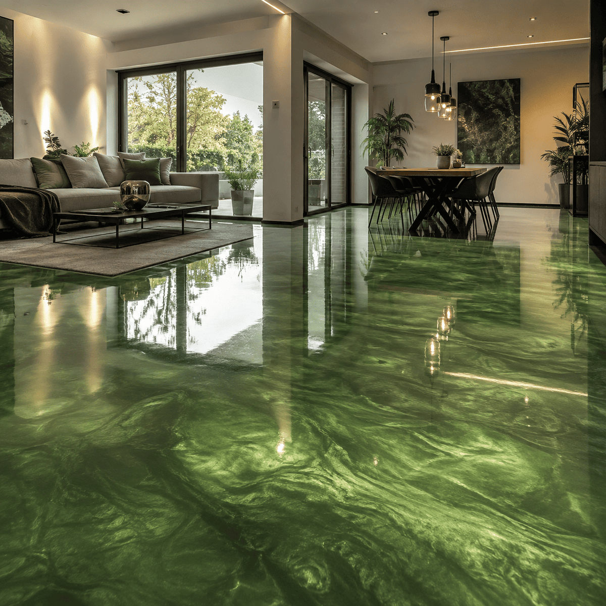 Moderner Wohnraum mit glänzendem smaragdgrünem Metallic-Epoxidharzboden und eleganten Lichtreflexionen.
