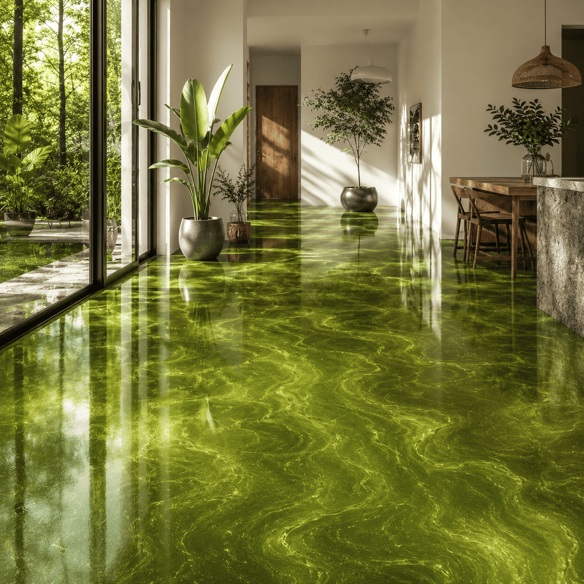 Moderner Wohnraum mit glänzendem smaragdgrünem Metallic-Epoxidharzboden, lebendiger Marmorierung und intensiven Lichtreflexionen.