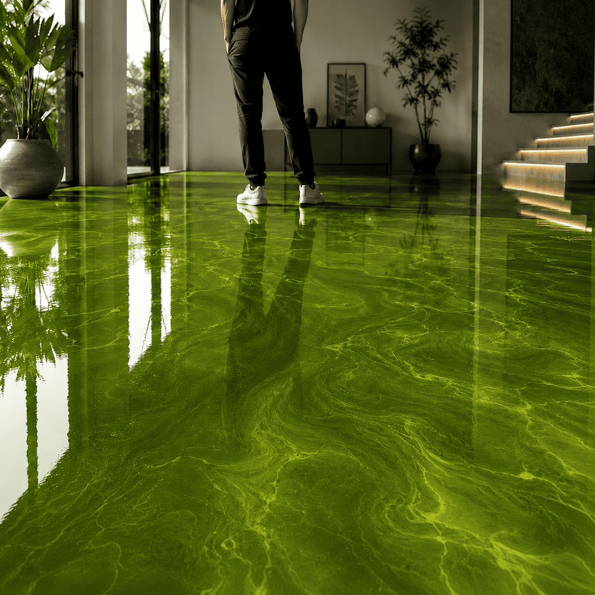 Glänzender smaragdgrüner Metallic-Epoxidharzboden in modernem Wohnraum mit intensiver Tiefenwirkung und Lichtreflexionen.