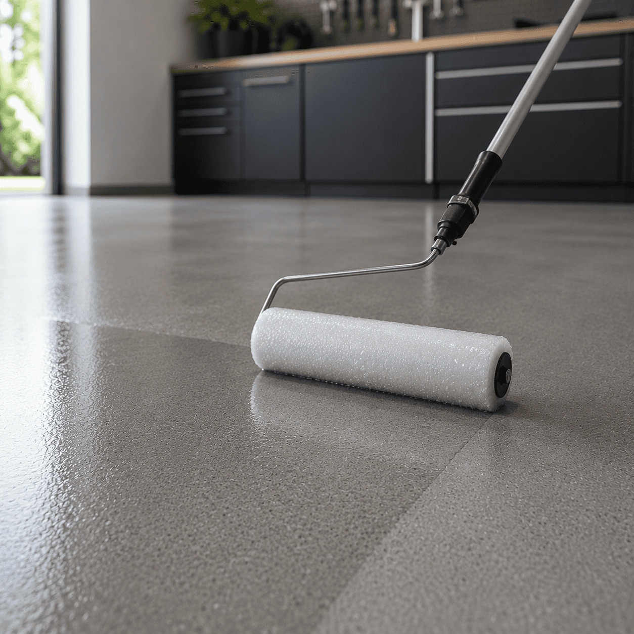Epoxidharz Top Coat wird mit Walze auf Garagenboden aufgetragen