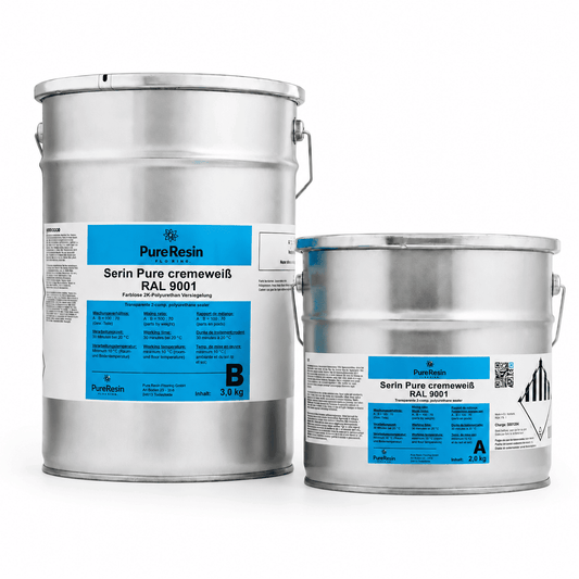PureResin Serin Pure cremeweiß RAL 9001 Polyurethan-Beschichtung als 5-kg-Set mit 3-kg- und 2-kg-Gebinde auf weißem Hintergrund.