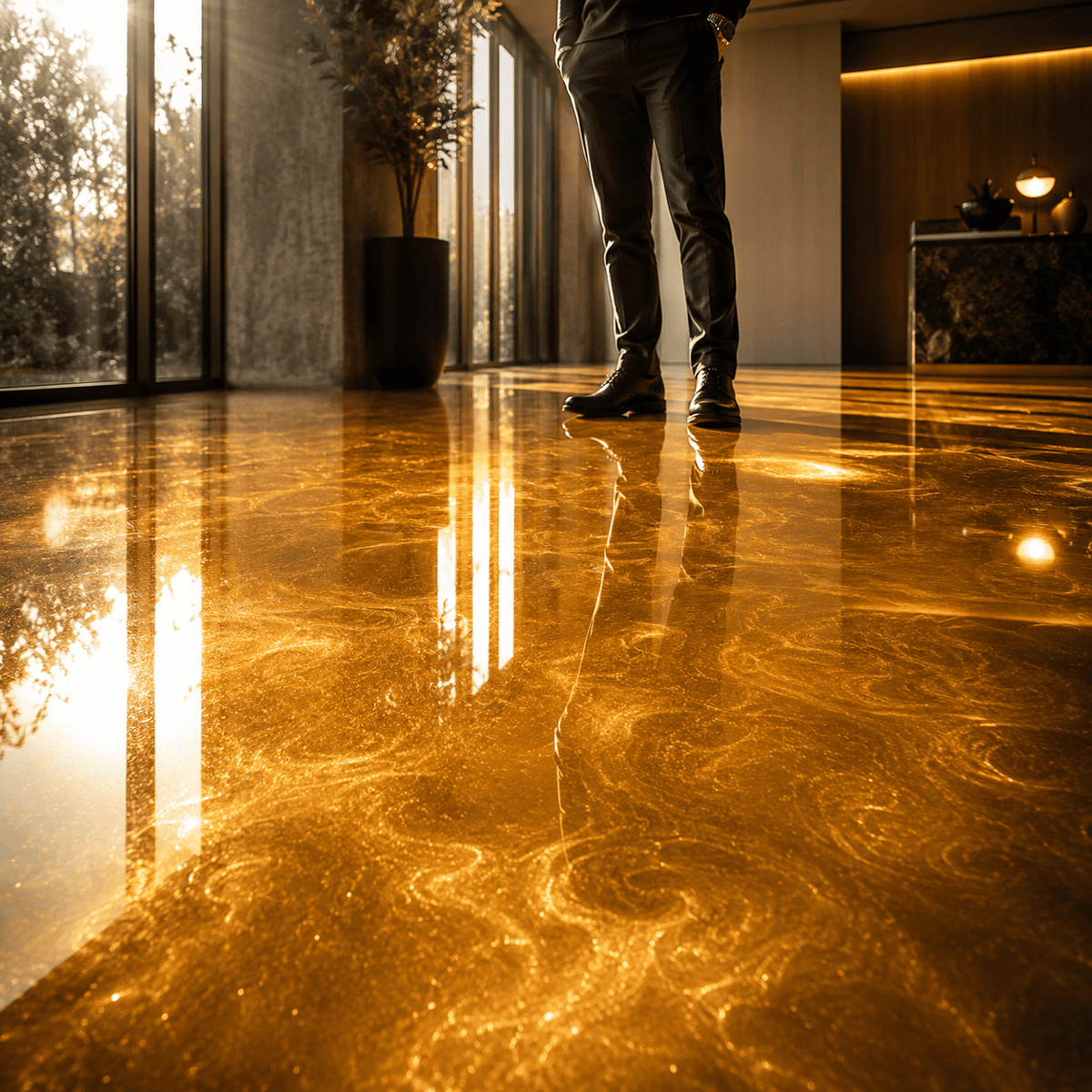 Shimmer Gold UV Metallic-Epoxidharz-Boden mit strahlender Goldoptik, luxuriöser Marmorstruktur, brillantem Perleffekt, hochglänzender Oberfläche und beeindruckender Spiegelreflexion – präsentiert im modernen Innenraum mit außergewöhnlicher Tiefenwirkung.