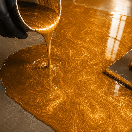 Gold gefärbtes Harz wird aus einem Eimer auf einen Beton Boden gegossen