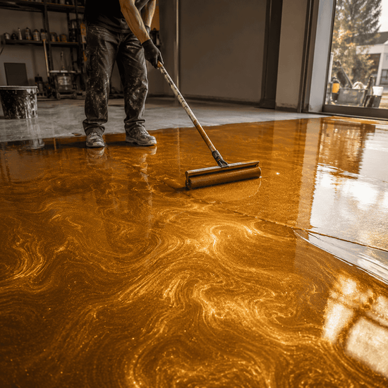 Ein Mann streicht einen Beton Boden in goldener Farbe mit einem Farbroller