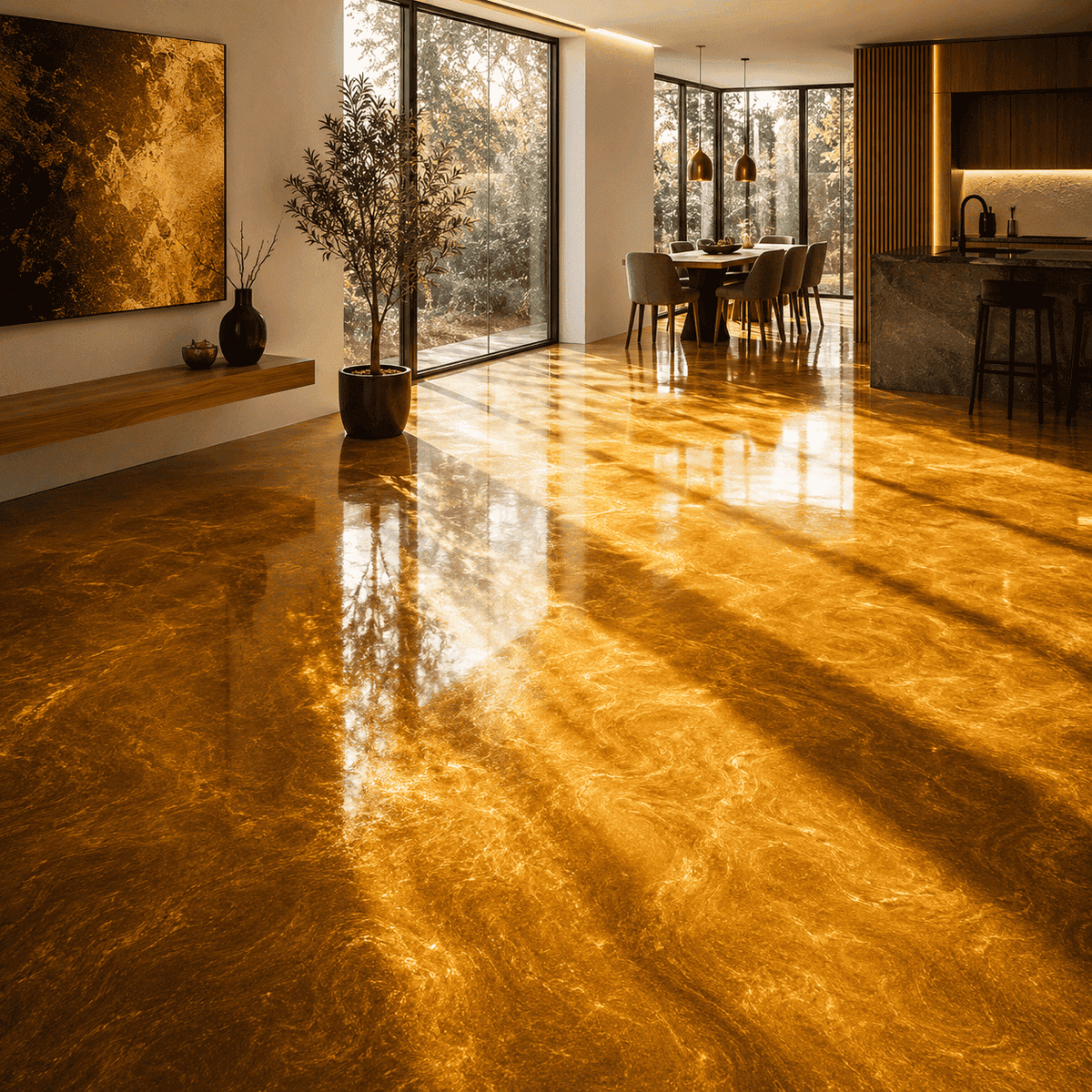 Shimmer Gold UV Metallic-Epoxidharz-Boden mit strahlender Goldoptik, luxuriöser Marmorstruktur, intensivem Perleffekt, hochglänzender Oberfläche und beeindruckender Spiegelreflexion im exklusiven modernen Wohnbereich.