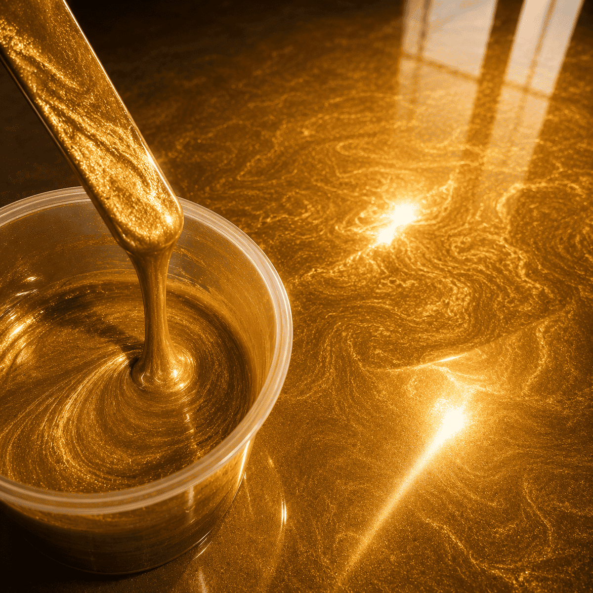 Shimmer Gold UV Metallic-Epoxidharz im Mischbecher neben einer fertigen Musterplatte mit strahlender Goldoptik, luxuriöser Marmorstruktur, brillantem Perleffekt, hochglänzender Oberfläche und beeindruckender Tiefenwirkung.
