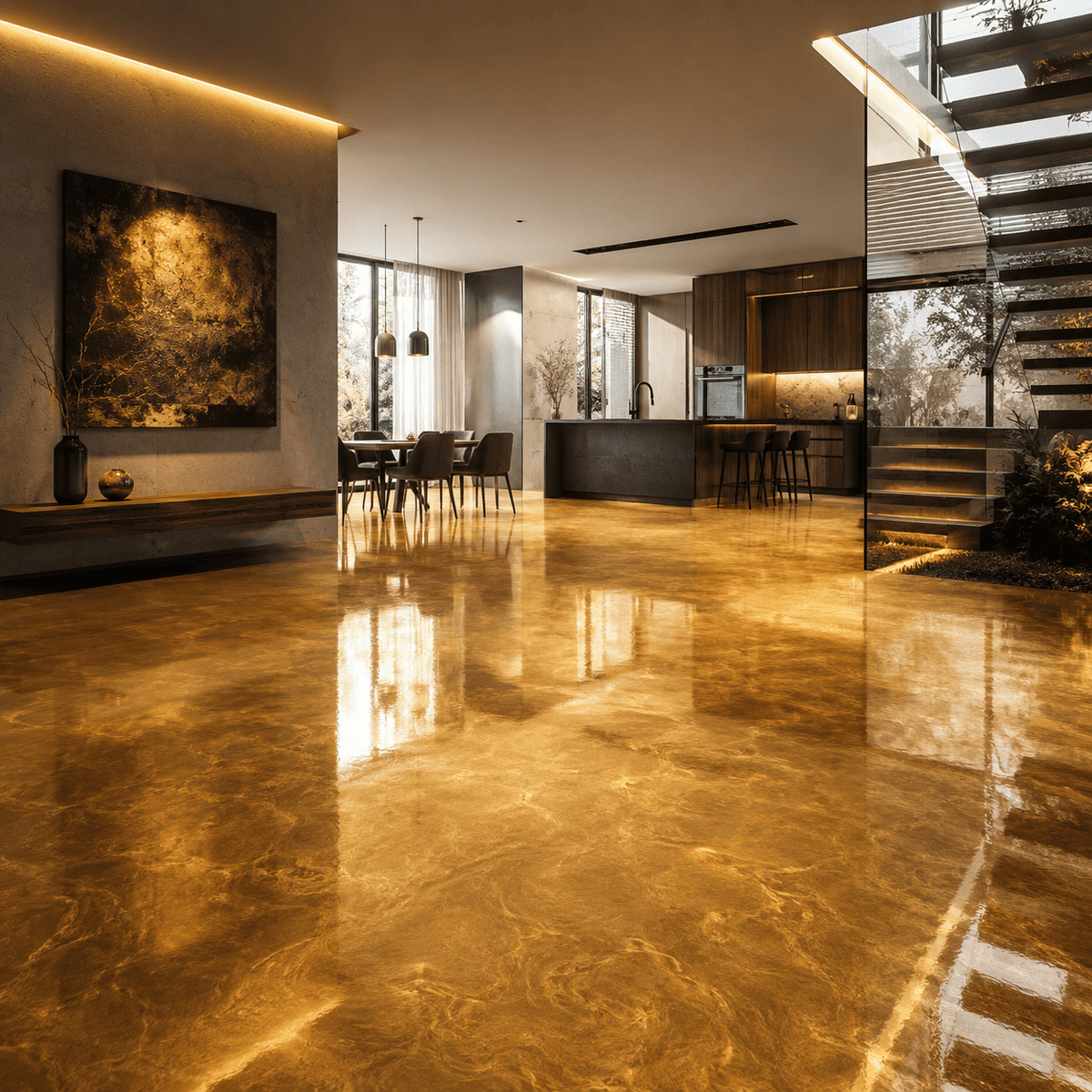 Shimmer Gold UV Metallic-Epoxidharz-Boden mit strahlender Goldoptik, luxuriöser Marmorstruktur, intensivem Perleffekt, hochglänzender Oberfläche und beeindruckender Spiegelreflexion im exklusiven modernen Wohnbereich.