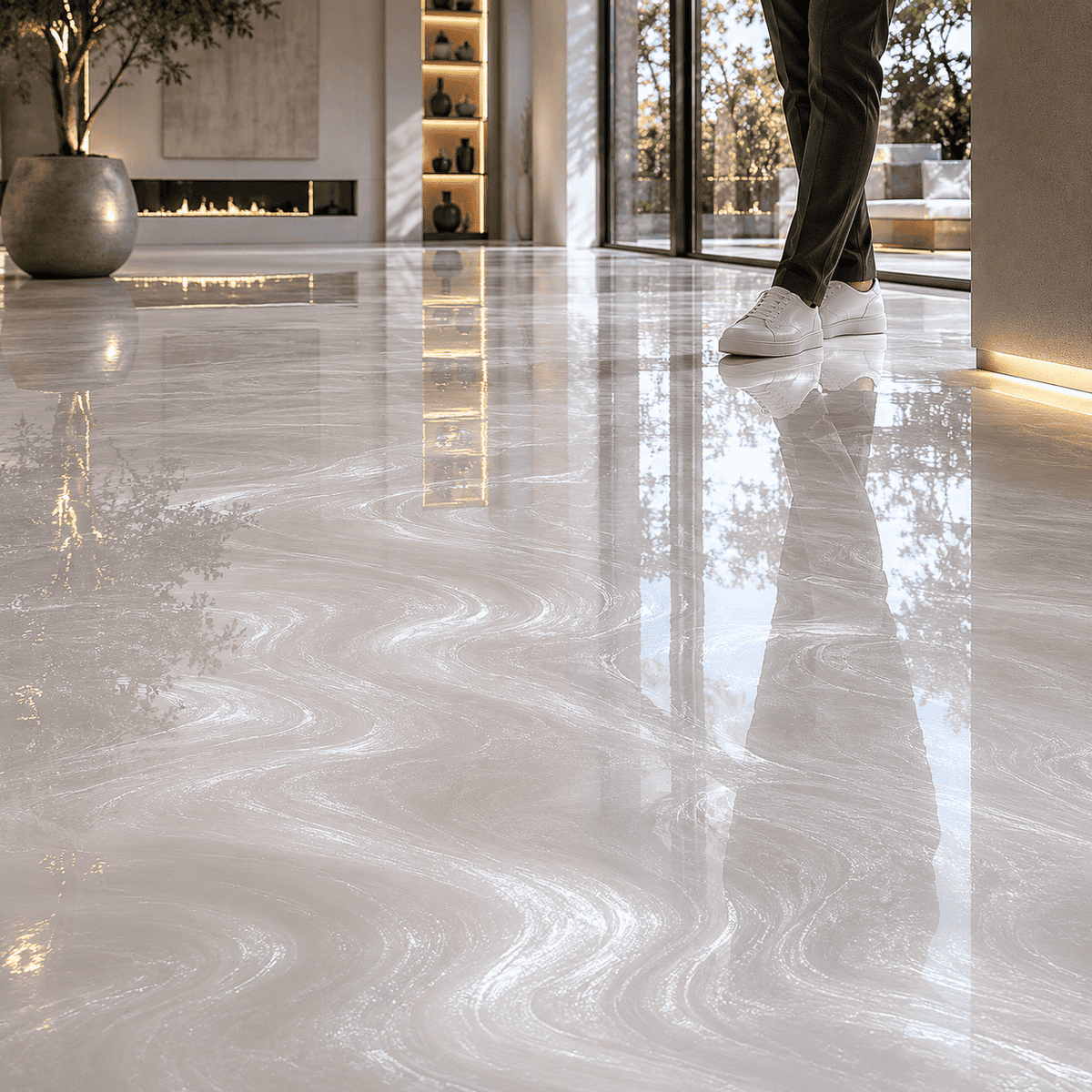 Silkweißer Metallic-Epoxidharz-Boden im Wohnbereich mit hochglänzender Marmorstruktur