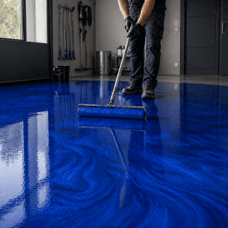 Ein Mann streicht einen Boden in himmelblauer Farbe mit einem Farbroller