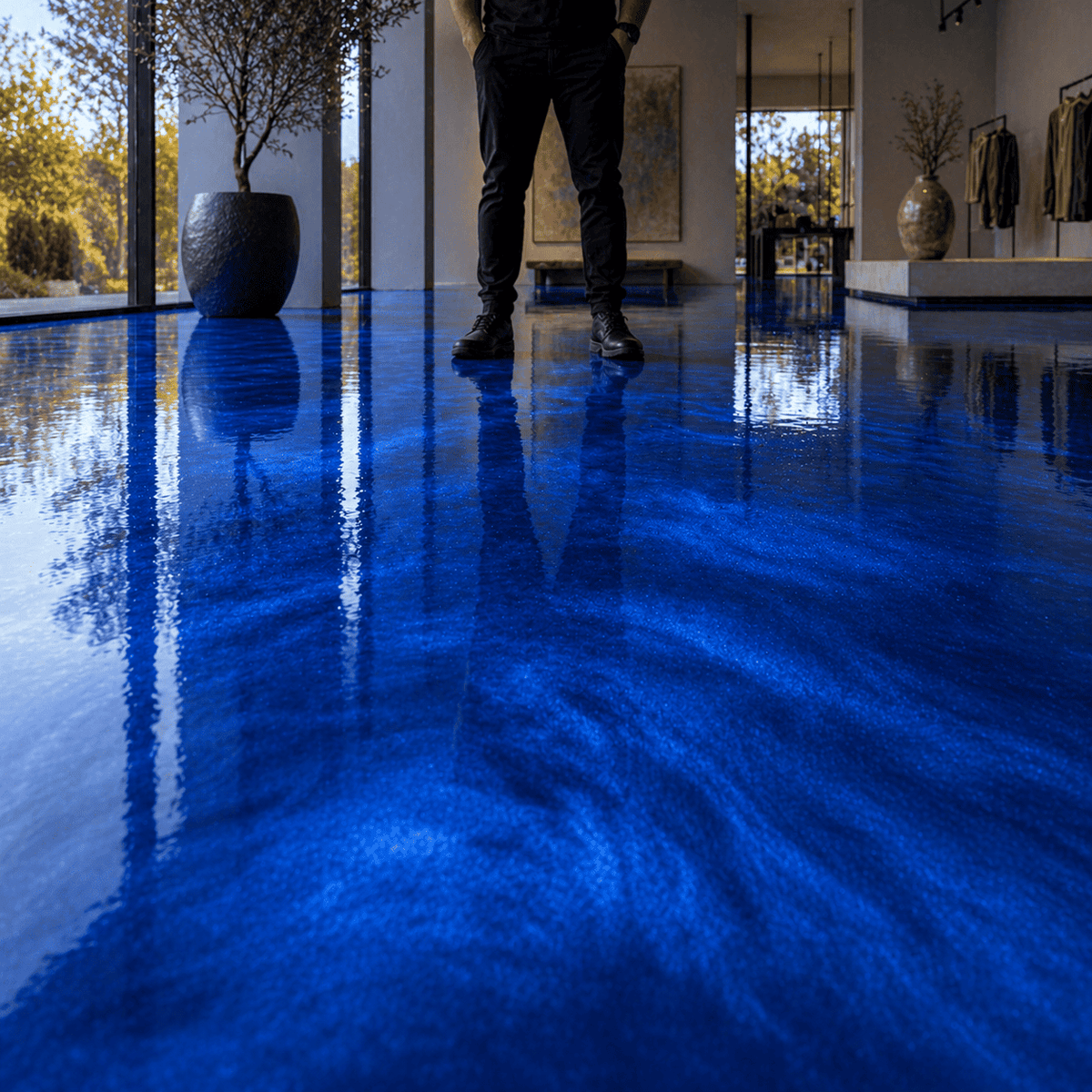 Sky Blue UV Metallic-Epoxidharz-Boden mit strahlender Himmelblau-Optik, dynamischer Marmorstruktur, brillantem Perleffekt, hochglänzender Oberfläche und beeindruckender Spiegelreflexion – präsentiert im modernen Innenraum mit außergewöhnlicher Tiefenwirkung.