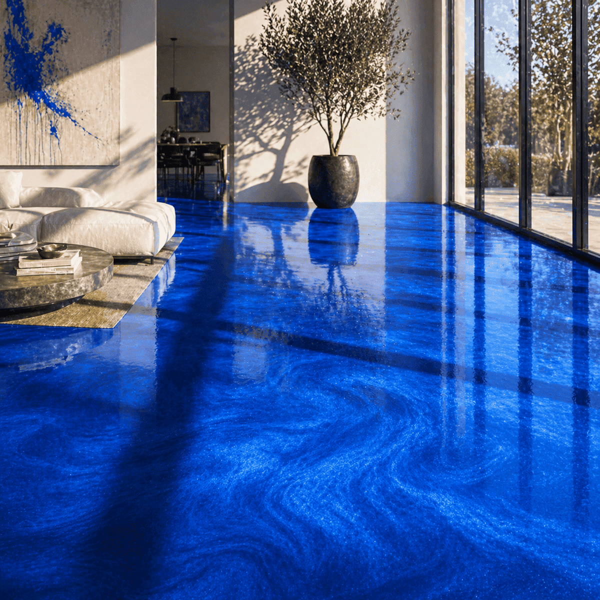 Sky Blue UV Metallic-Epoxidharz-Boden mit strahlender Himmelblau-Optik, luxuriöser Marmorstruktur, brillantem Perleffekt, hochglänzender Oberfläche und beeindruckender Spiegelreflexion im exklusiven modernen Wohnbereich.