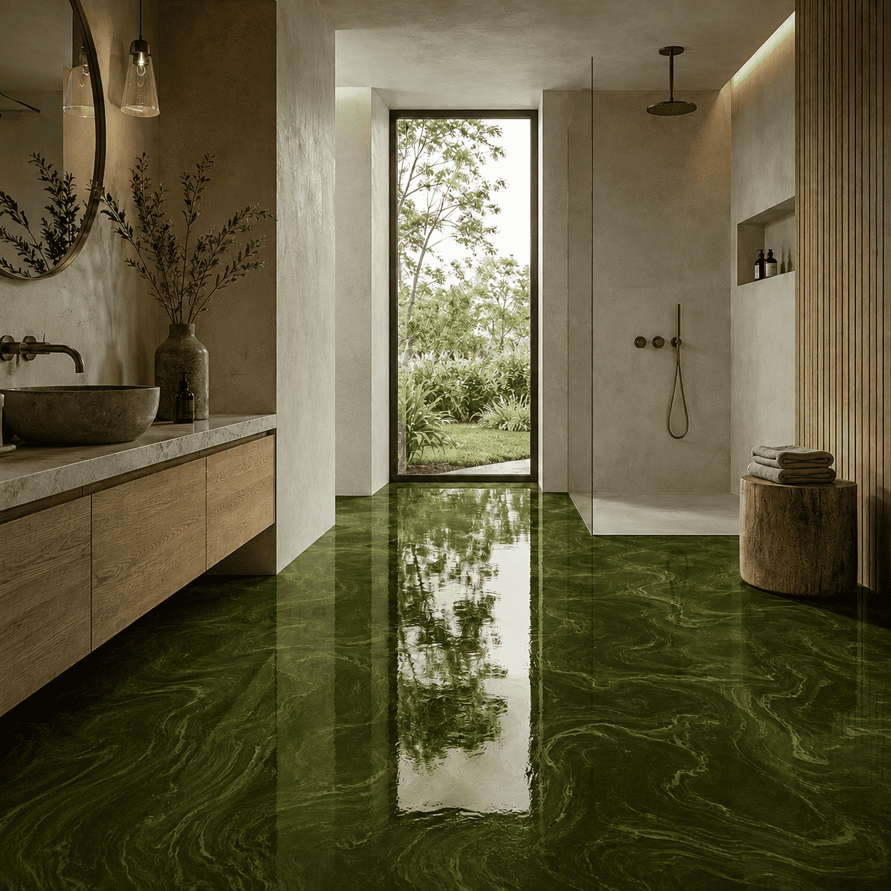Modernes Badezimmer mit glänzendem smaragdgrünem Metallic-Epoxidharzboden, natürlichen Holzelementen und großer Glasdusche.