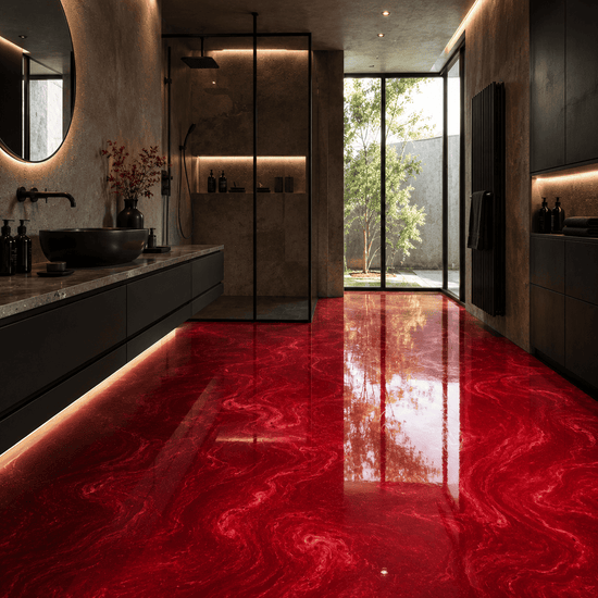 Badezimmer mit einem roten Boden