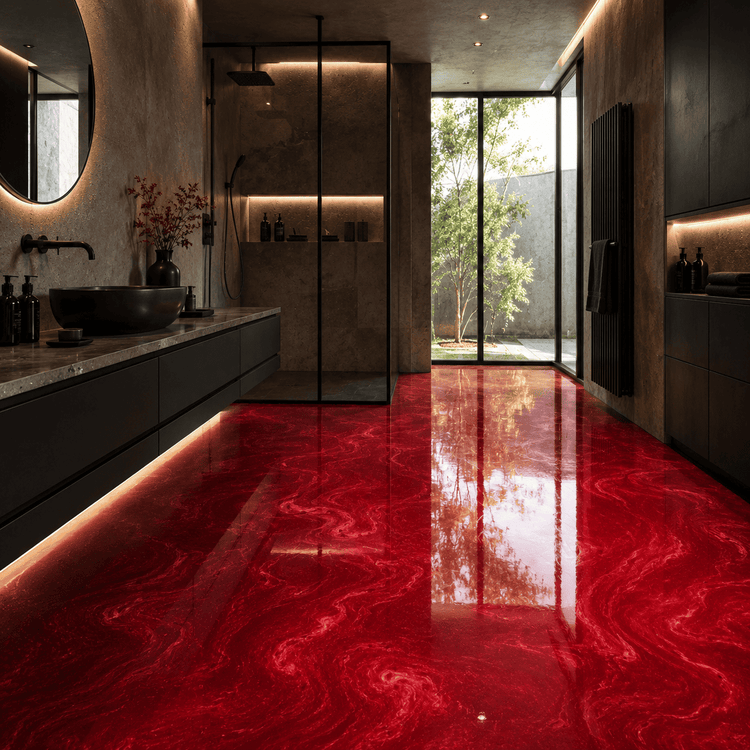 Badezimmer mit einem roten Boden