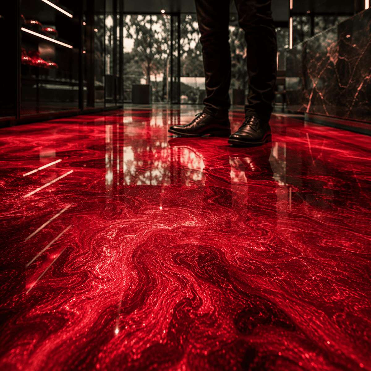Soulfire UV Metallic-Epoxidharz-Boden mit intensiver Tiefenwirkung, luxuriöser Marmorstruktur, brillantem Perleffekt, hochglänzender Oberfläche und beeindruckender Spiegelreflexion im modernen Innenraum.