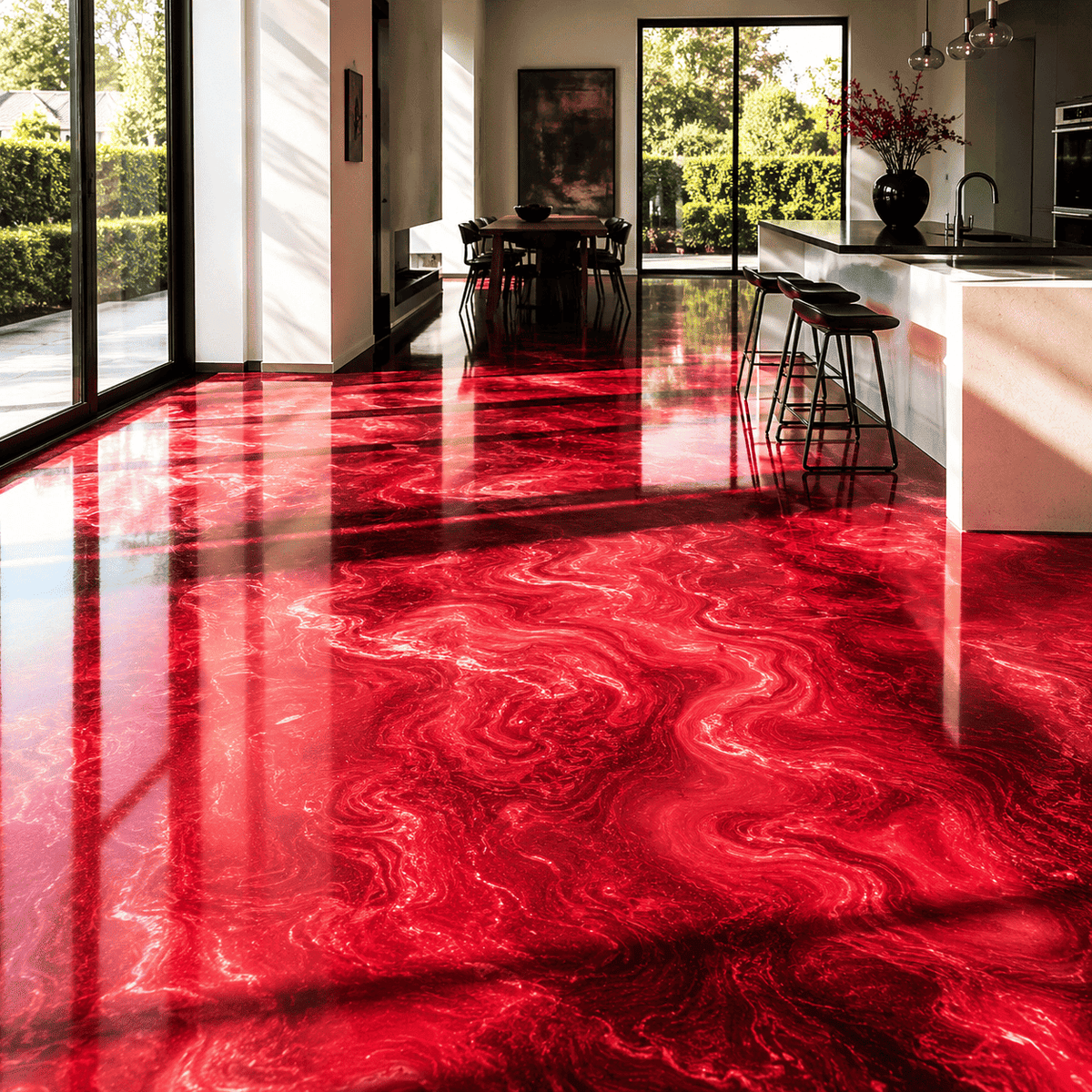 Soulfire UV Metallic-Epoxidharz-Boden mit intensiver Tiefenwirkung, luxuriöser Marmorstruktur, brillantem Perleffekt, hochglänzender Oberfläche und beeindruckender Spiegelreflexion im modernen Wohnbereich.