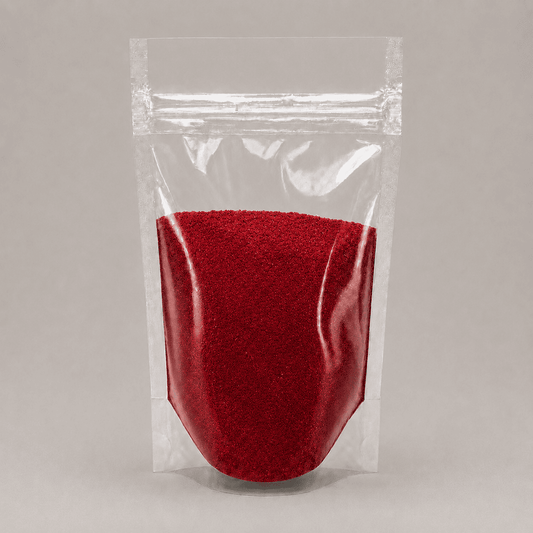 Rotes Pulver in durchsichtiger Plastik Verpackung